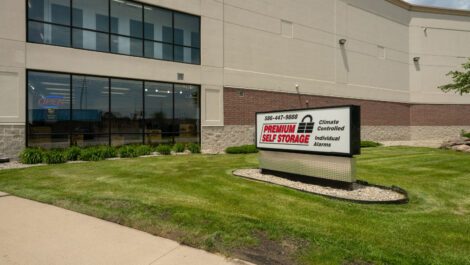 Storage facility exterior and sign at Premium Self Storage in Saint Clair Shores, MI.