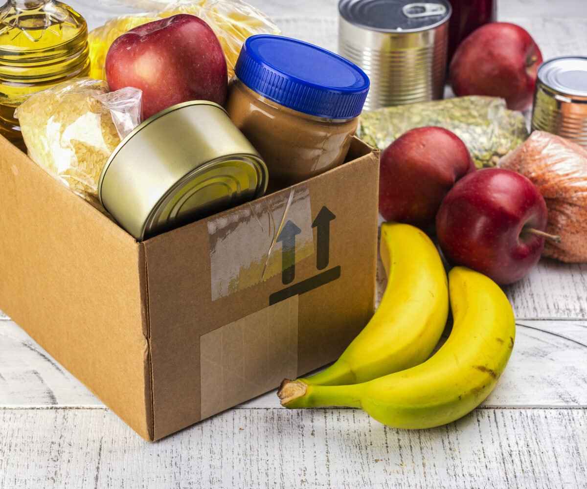 Parishable food in a box and on a counter.