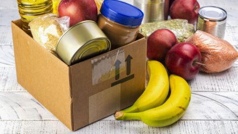 Parishable food in a box and on a counter.