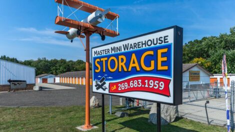 Roadside sign for Master Mini Warehouse in Niles, MI.