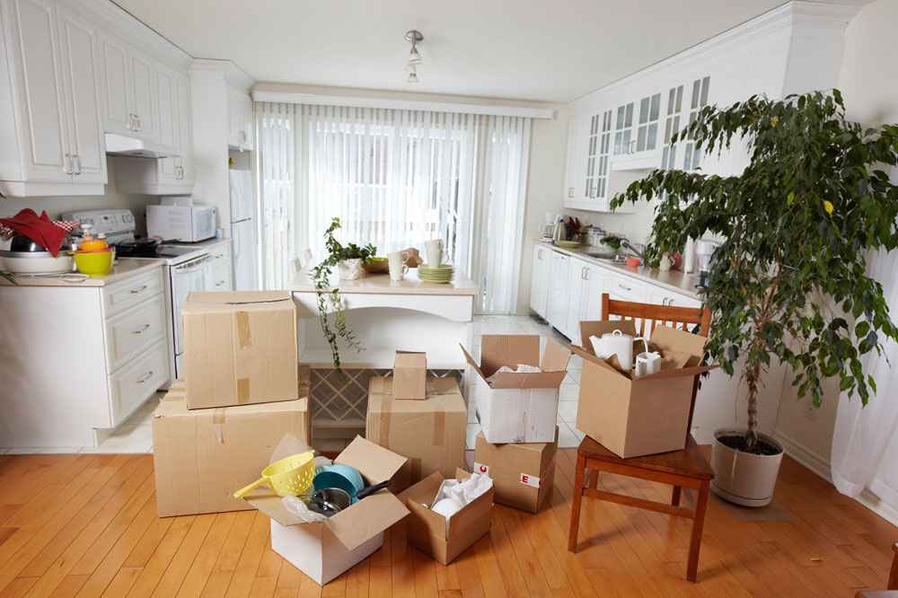 A kitchen getting packed up into moving boxes.