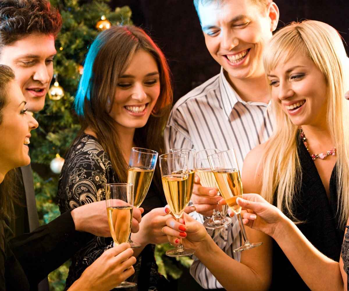 Group of young adults toasting with wine glasses.