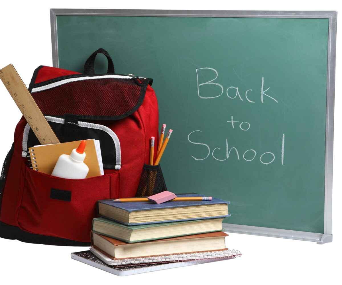 Backpack, school supplies, and a green chalkboard.