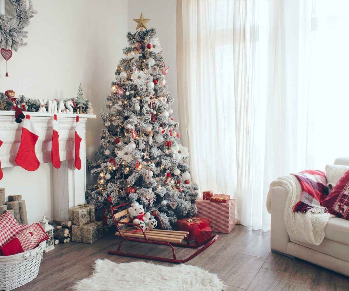 A living room decorated for Christmas.