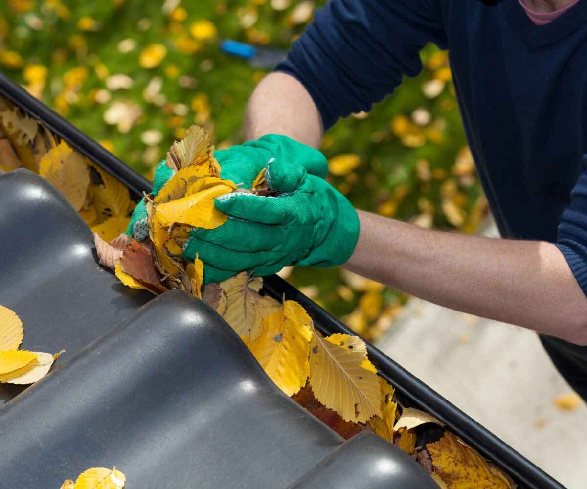 Person cleaning leaves out of a gutter.