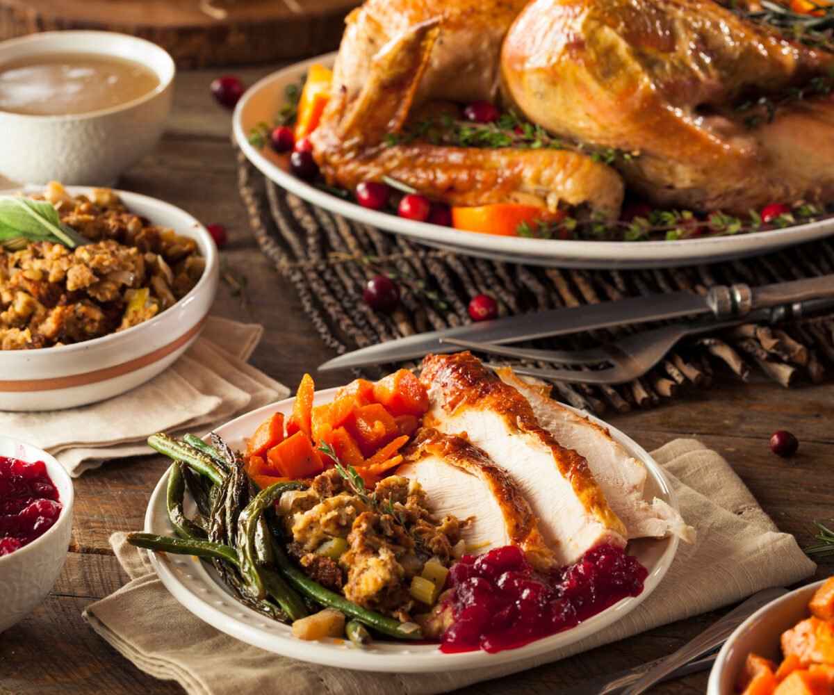 Homemade Thanksgiving dinner spread on a table.