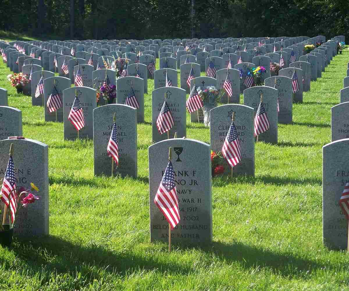 Veteran graveyard with a small American flag by each grave.