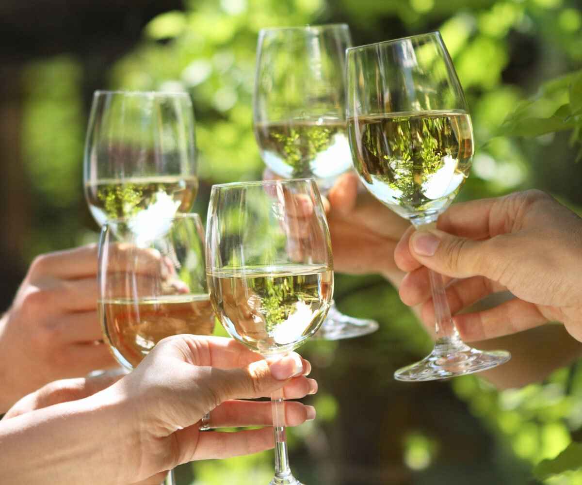 Group of people holding glasses of white wine.