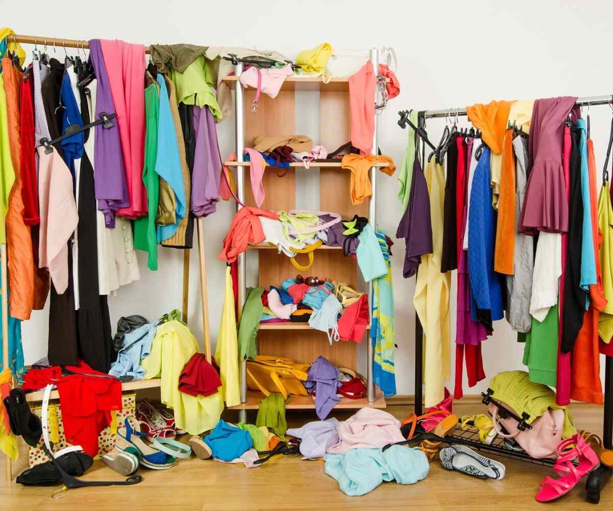 A messy woman's closet.