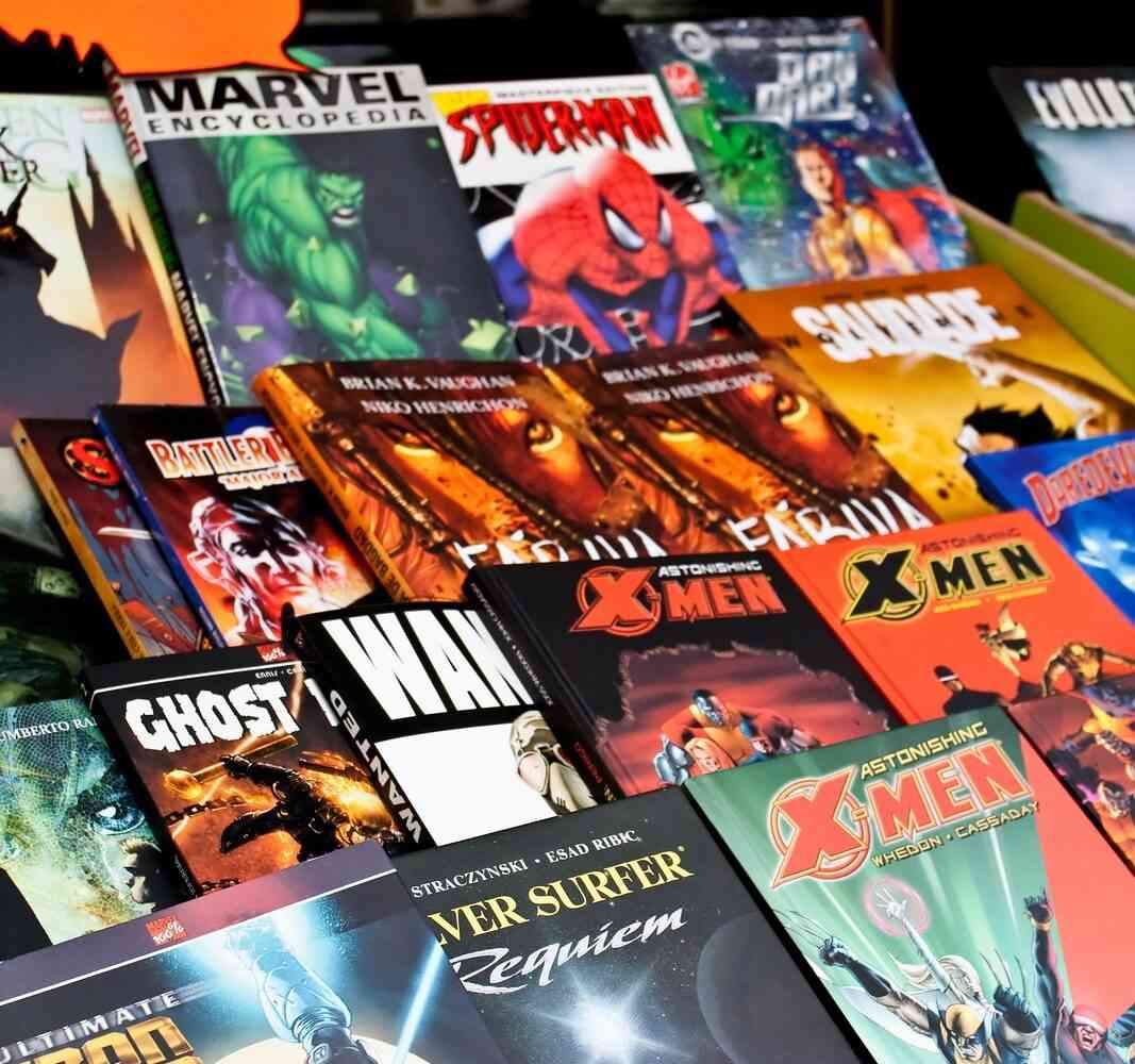 A set of comic books on display.