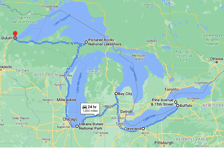 Google Maps image of the Great Lakes.