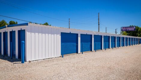 Exterior, drive-up access storage units at National Storage in Mount Vernon, IN.