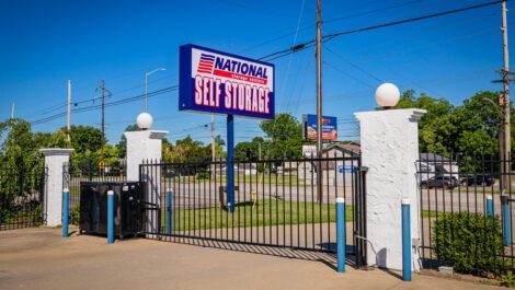 The storage facility sign and gate at National Storage on Highway 144 in Owensboro, KY.