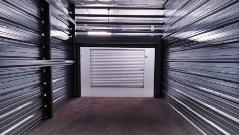 Large interior storage unit looking out at National Storage in Traverse City, MI.